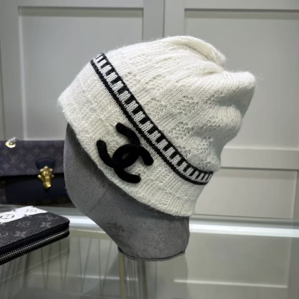 Chanel Striped Trim White Knit Beanie
